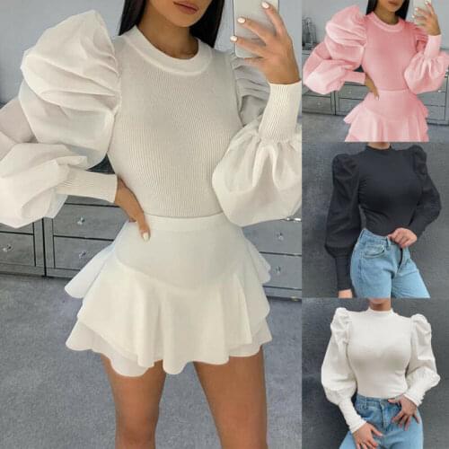 Women Blouse Fashion Ladies Puff Long Sleeve Knitted Tops T-shirts Shirt Tops Tees Slim Jumper Pullover Black White Pink S-2XL