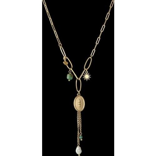 Creative Design Womens 14k Gold Stainless Steel Chain Choker Fish Bone Shape Pendant Pearl Ginkgo Leaf Pine Tassel Necklace