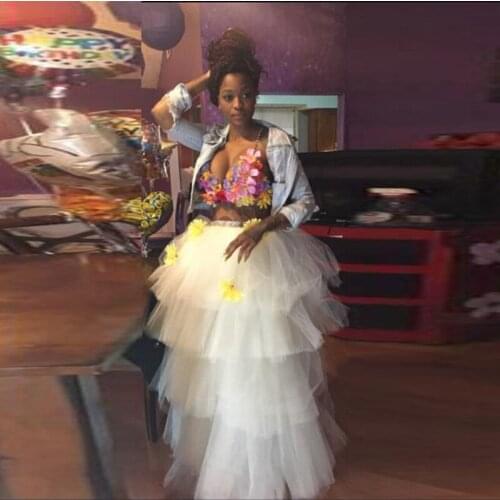 Elegant Ivory Tiered Tulle Ball Gown Women Floor Length Skirts With Yellow Flowers High Waist Fashion Ruffle Long Skirts