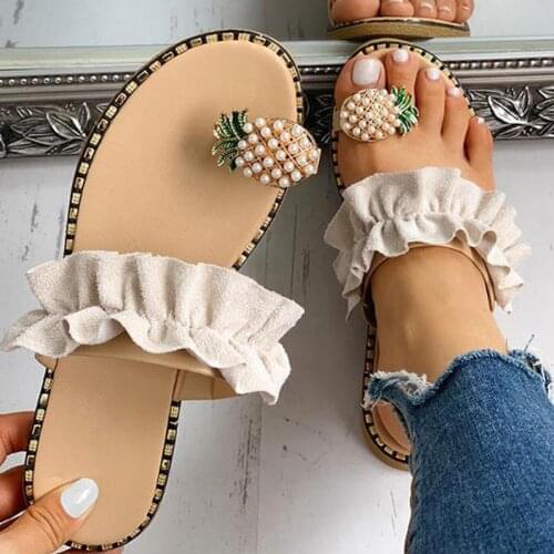 Women Slipper Pineapple Pearl Flat Toe Bohemian Casual Beach Sandals Ladies Shoes Platform 2021 Designer Black Slides Wholesale