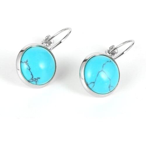 Women Natural Stone Round Gem Stone Turquoises Dangled Earrings Tiger Eye Onyx Labradorite Pierced France Earring Hook Jewelry