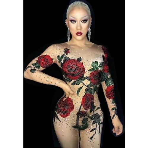 Women Bright Crystals Rose Flower Rhinestones Jumpsuit Female Bodysuit Sexy Costume For Singer Dancer Nightclub Stage DJ Party