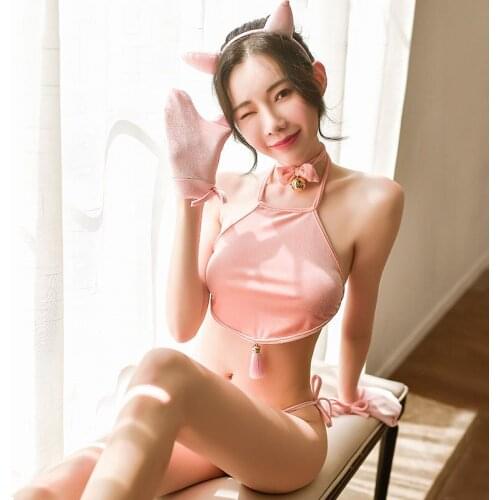 Women Velvet Lingerie Hot Sexy Underwear Night Club Lovely Erotic Set Cosplay Cute Pink Pig Uniform Animal Role Play Costumes