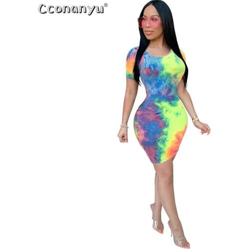 Sexy Tie-Dye Print Short Sleeve Dress 2020 Summer Women Package Hip Dresses Lady Bodycon Short Sleeve Elegant Party Dress