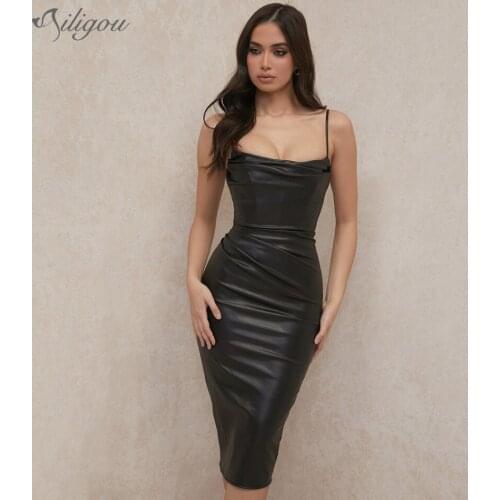 Ailigou Pleated Strap Tight Dress WomenS Mid-Length Pu Sexy Celebrity Party Dress 2021 Strapless Summer Dress Vestidos