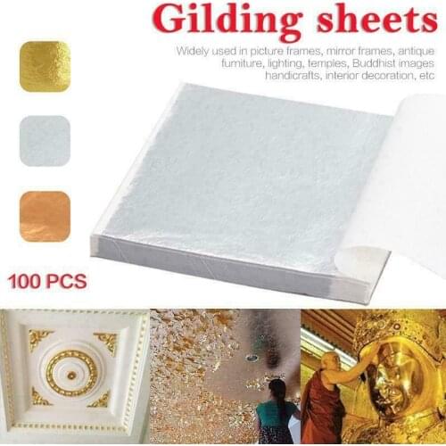 100Pcs Gold Sliver Foil Sheets Gilding DIY Art Craft Foil Paper Leaf Furniture Glass Photo Frame Ceiling Decor 9x9cm