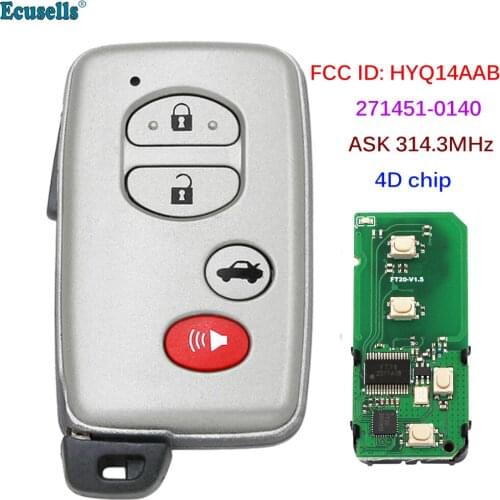 4 Buttons Smart Proximity Remote Key ASK 314MHZ 4D Chip for Toyota Aurion FCC ID HYQ14AAB 271451-0140