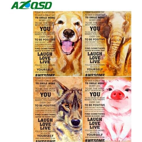 AZQSD 5D Diamond Embroidery Pig Dog Elephant Wolf Mosaic Text Picture Of Rhinestones Diamond Painting Animals Home Decor