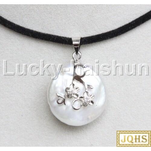 JQHS Super Luster 20mm coin fastener white pearls pendant necklace 925 silver j13111