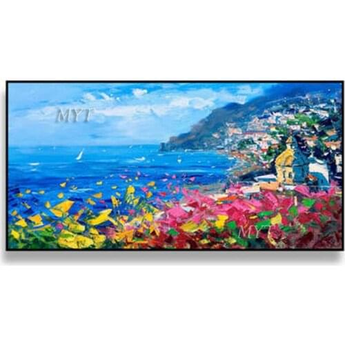 Blue Sea Green Mountains Full Of Flowers Seaside City Handpainted Wall Art Home Decor Picture Modern Oil Painting On Canvas