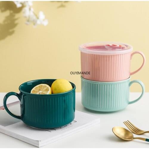 Ceramic Large-Capacity Mug Fresh-Keeping Noodle Bowl Nordic Minimalist Breakfast Milk Coffee Oatmeal Cup with Lid Espresso 2021