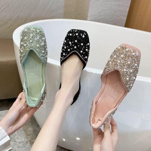 Summer Sequin Ballet Dress Womens Shoes with Bow Pearl Rhinestone Decoration Flat Bhottom Square Toe Shallow Ladies Shoes