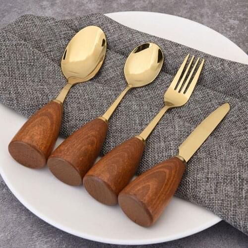 Ice Cream Spoon Wooden Handle Tableware Gold Dinnerware Portable Table Knife Fork Stainless Steel Cutlery for Housewares Kitchen