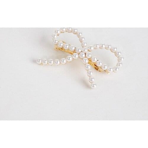 Women Girls Cute Simulated-pearls Bowknot Shape Hair Barrettes Sweet Korean Style Bow Hair Clips Ivory Pearls Hairpins