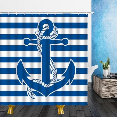 Cartoons Shower Curtains Anchor Blue Stripe Retro Board 3D Print Bathroom Decor Fabric Bathtub Cloth Curtain Set With Hooks