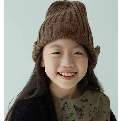 2021 Autumn/Winter Childrens Knitted Hat Korean Fashion Flip Ears Pure Color Knitted Ear Caps Unisex Parent-child Hat 53-60cm