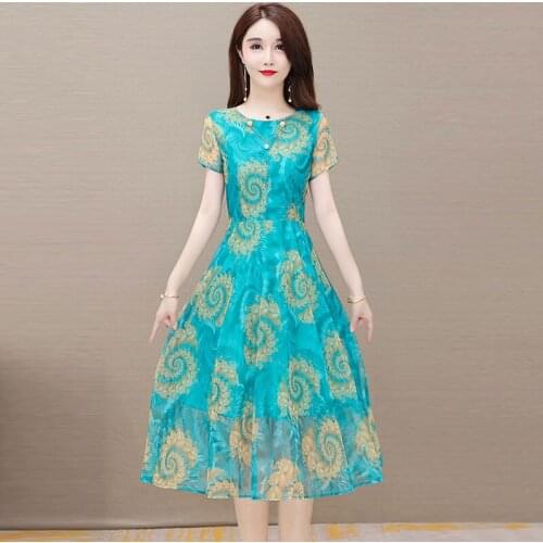 Floral Dress For Womens 2021 Summer New Elegant Printed Plus Size L-5XL O-neck Short Sleeve Summer Dress Female Vestidos aq716