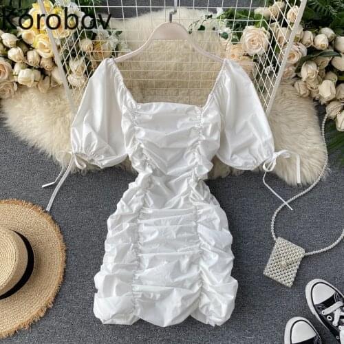 Korobov Summer Sexy Square Collar Puff Sleeve Women White Dress Vintage Slim High Waist Korean Dresses Casual Ruched Vestidos
