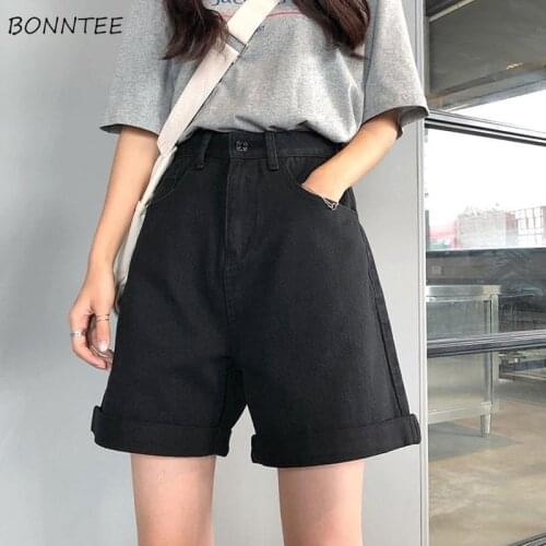 Shorts Women Denim Black Button Straight Korean Style Students Summer Slim High Street Vintage Female Fashion Popular Simple New