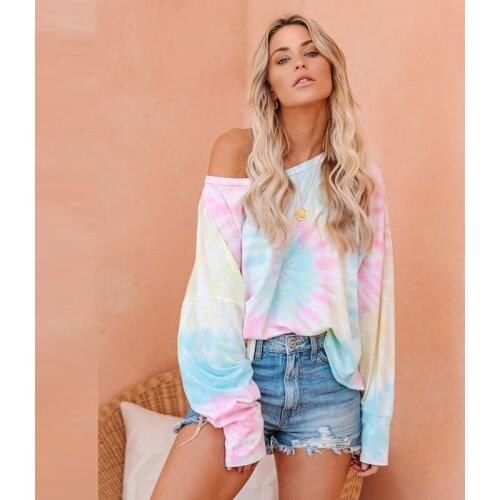 Tie Dye Print Top Female T-shirts Women 2020 Summer Fall Stylish Long Sleeve O neck Club Streetwear Casual Tees Ladies Top