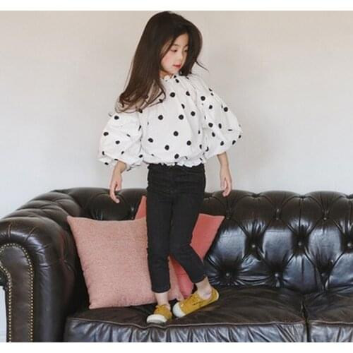 Spring/Summer Girls Doll T-shirt 2021 Korean New Product Pure Cotton Polka Dot Loose Top Children Lantern Sleeve T-shirt