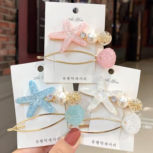 2019 INS New Women Girls Sea Star Acrylic Hair Clips Shell Pearl Metal Barrettes Hairpins Sweet Beach Headwear Hair Accessories