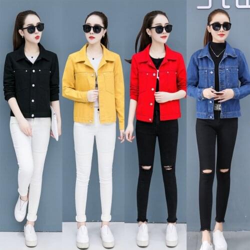 Jeans Jacket Coats for Women 2021 Fall Spring Autumn Candy Color Red Yellow Black Fashion Casual Short Denim Cotton Office Lady