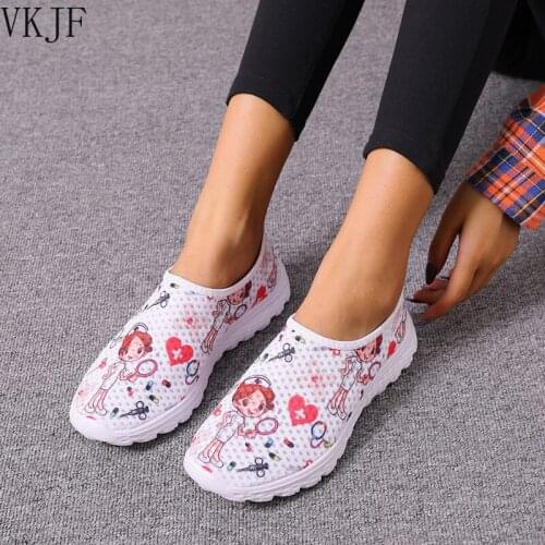 2021 Spring Nurse Flat Shoes Women Cute Cartoon Nurses Printed Womens Sneakers Shoes Breath Mesh Flats Zapatos de Mujer