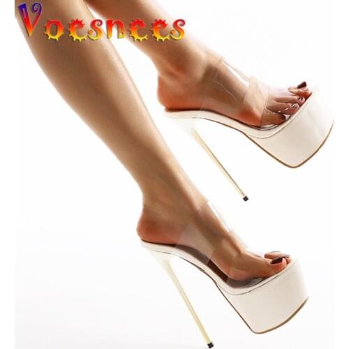 New White Transparent Simple Slides Pole Dance Shoes Platform Sandals Super High Thin Heels Sexy Slippers Crystal Women Shoes