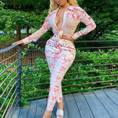 CM.YAYA Women Pants Set Print Bandage Crop Tops and Skinny Pants Two 2 Piece Sets Female Fashion Outfits Casualwear Autumn 2021