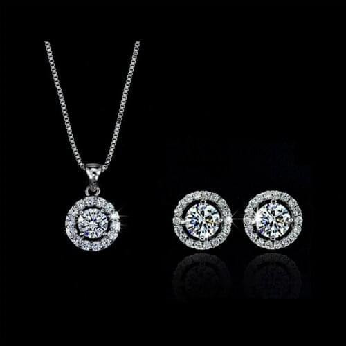 2020 New Round Glitter Decoration Hearts Arrows Crystal Zircon Earring Necklace Jewelry Set