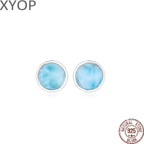 2021 Simple Fashion Geometric Round Charm 925 Sterling Silver Jewelry Gift Classic Natural Precious Larimar Earrings for Women