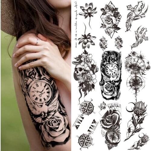Flower Compass Temporary Tattoo For Women Men Adult Cross Lotus Geometric Tattoos Sticker Black Fake Skull Letter Tatoos Armband