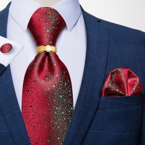 High Quality 100% Silk Men Necktie Red Green Print Tie Business Wedding Party Tie Pocket Square Cufflinks Set Men Gift DiBanGu