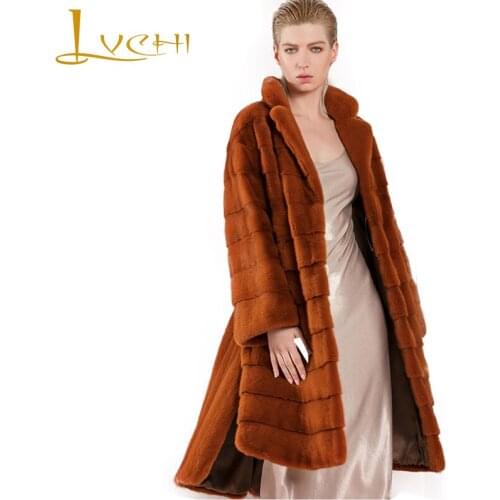 LVCHI Winter 2019 Imported Mink Fur Coat Full Pelt Mandarin Collar Wave Cut Ruched Long Sleeve Slim Loss Causal Mink Fur Coats