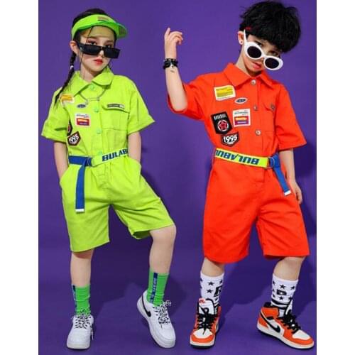 Girls Boys Jazz Modern Dancing Costumes Short Sleeve Jumpsuit Clothing Kids Hip Hop Dance wear Outfits Stage Coverall Clothes