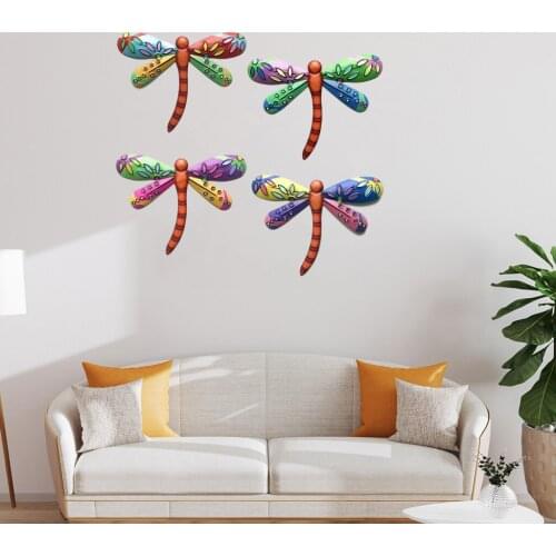 Metal Dragonfly Set of 4 Animal Art Decorations Indoor Hanging Wall Accessories Sculptures for Home Garden Yard