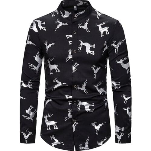Fashion Christmas Elk Foil Print Henley Shirt Men Camisa Masculina 2019 Brand New Slim Fit Mens Dress Shirts Xmas Party Costume