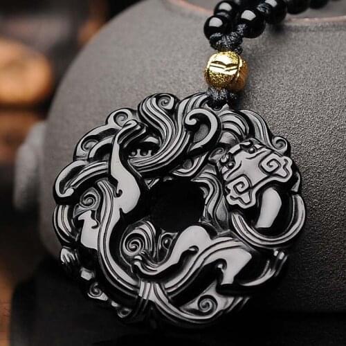 Fashion Obsidian Dragon Pendant Beads Necklace Charm Jewellery Accessories Hand-Carved Man Lucky Amulet Gifts New