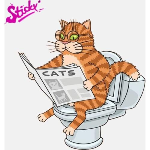 STICKY Funny Cat On The Toilet Wearing Glasses Reading A Newspaper Anime Car Sticker Decal Decor Laptop Trunk Vinyl Stickers