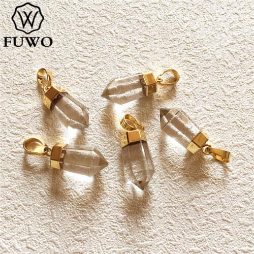 FUWO Wholesale Natural Crystal Quartz Point Pendants Gold Cap Bullet Shape Positive Energy Healing Rock Crystal Jewelry PD004