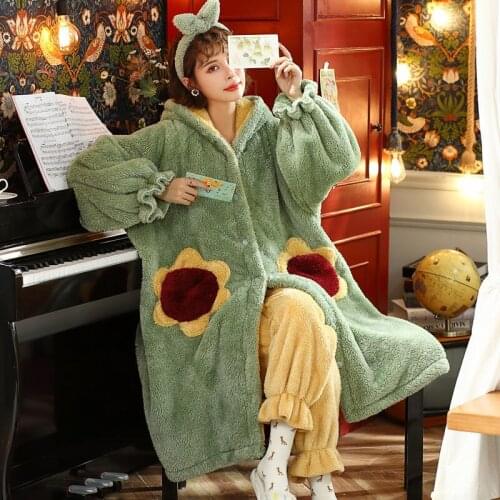 Pajamas Womens Autumn Winter Coral Velvet Thickened Velvet Long Robe Cute Cartoon Facecloth Can Be Worn Outside The Home Clothes