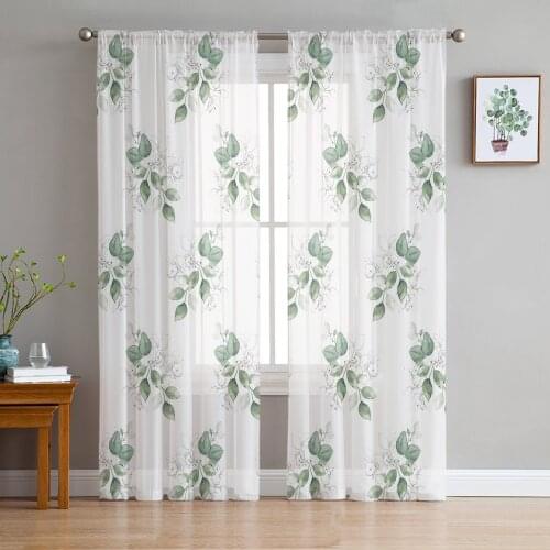 Plant Green Leaves Sheer Curtains for Living Room Bedroom Kitchen Chiffon Tulle Curtains Home Hotel Coffee Decor