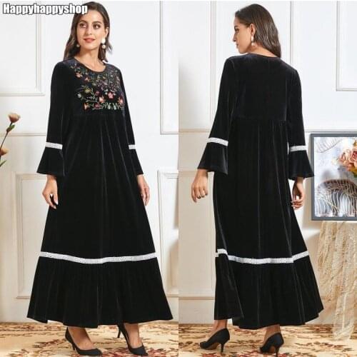 Ramadan Vintage Black Velvet Dress Winter Thick Flare Sleeve Abaya Kaftan Islamic Muslim Embroidery Robe Dubai Party Gown M-4XL