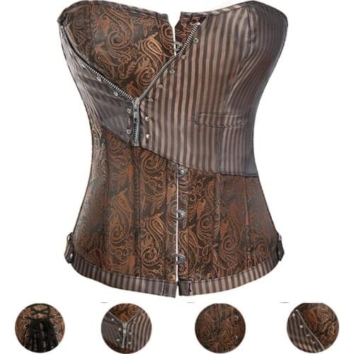 S-6XL Womens Floral Black Lace Trim Corset Overbust Waist Cincher Bustier Top with G-string Womens Steampunk Brocade Corset