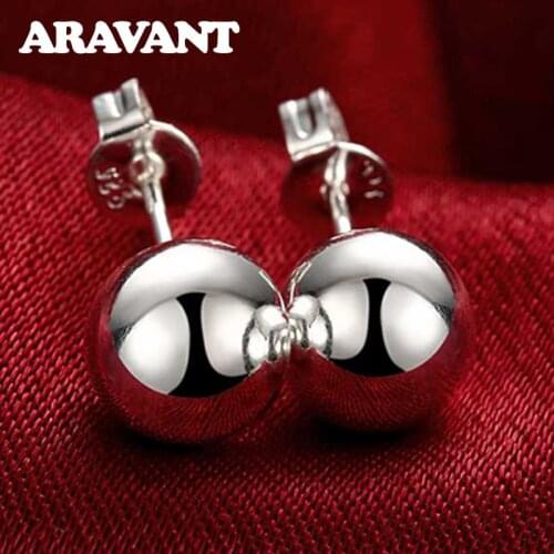 925 Silver 8MM Bead Stud Earring Women Smooth Round Ball Earrings Fashion Silver Jewelry