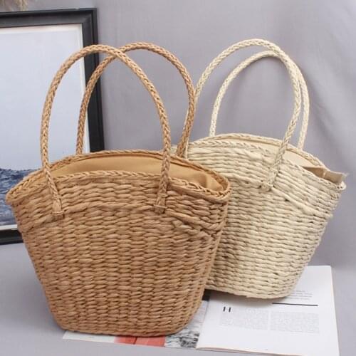 Summer Fashion Straw Woven Women Simple Shoulder Bags Shopping Tote Casual Solid Ladies Vacation Beach Large Capacity Handbags