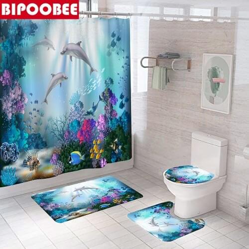 Dolphin Shower Curtain Underwater Coral Bath Mat Toilet Pad Cover Tropical Fish Ocean Animal Seabed Pattern Bathroom Decor