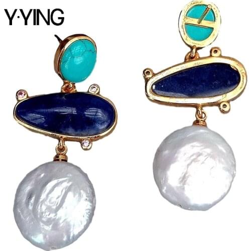 Y·YING natural Cultured White Coin Pearl Sodalite howlite gold color plated geometric shape stud Earrings for women