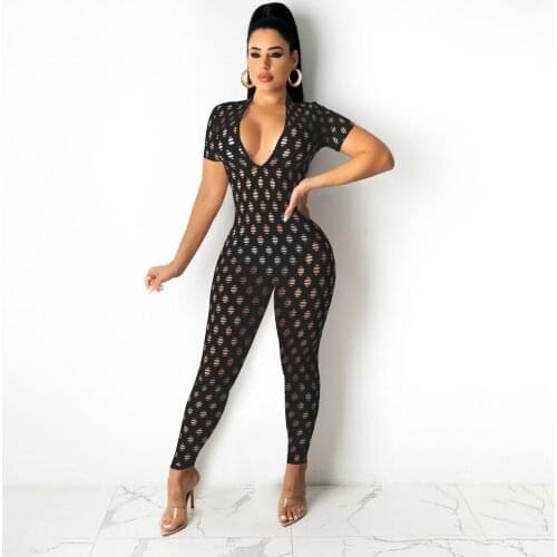 Hollow Out Fitness Summer One Piece Overalls for Women Deep V Neck Short Sleeve Skinny Catsuit Hipster See Through Club Outfit